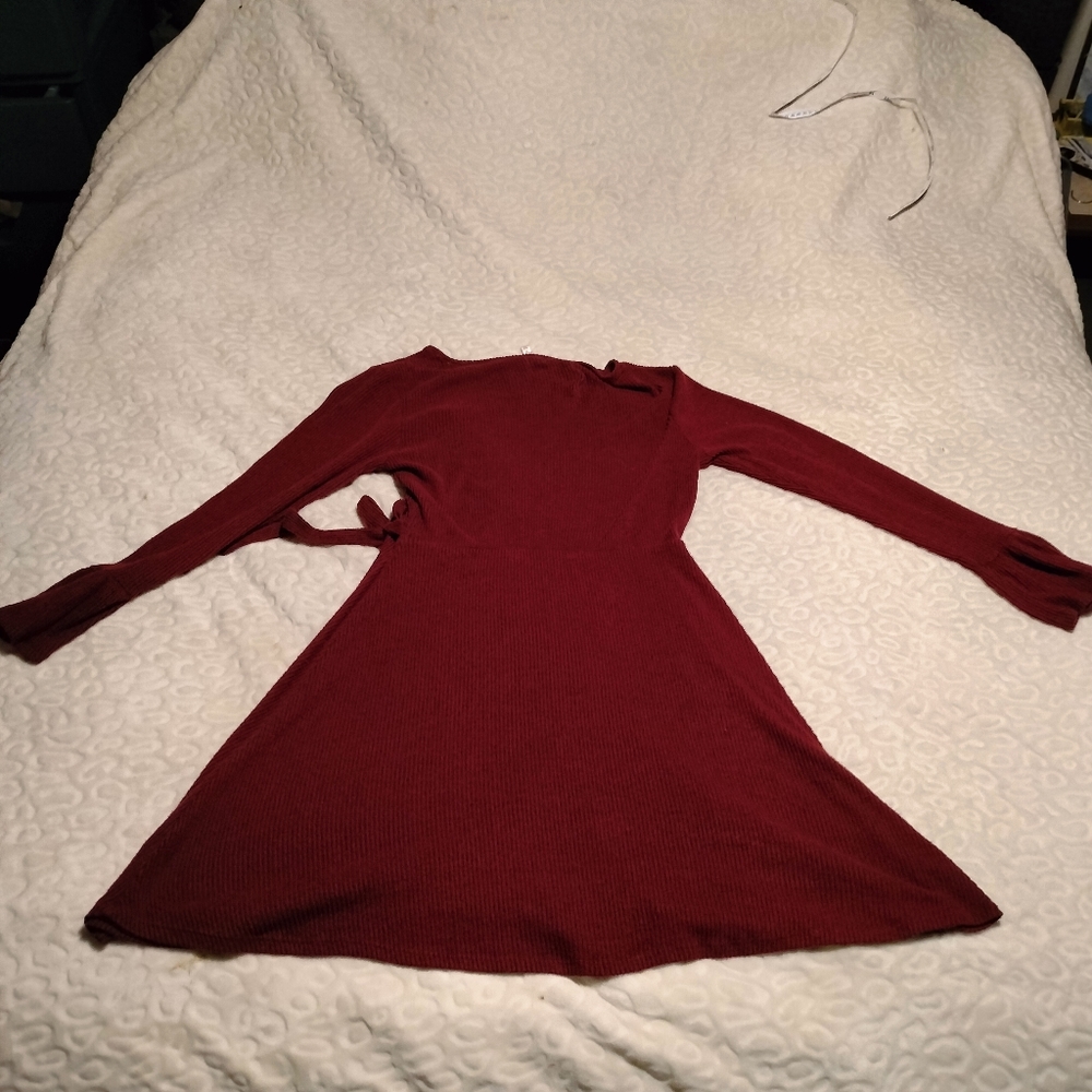Burgundy red wrap around dress with long sleeve and ruffled cuff